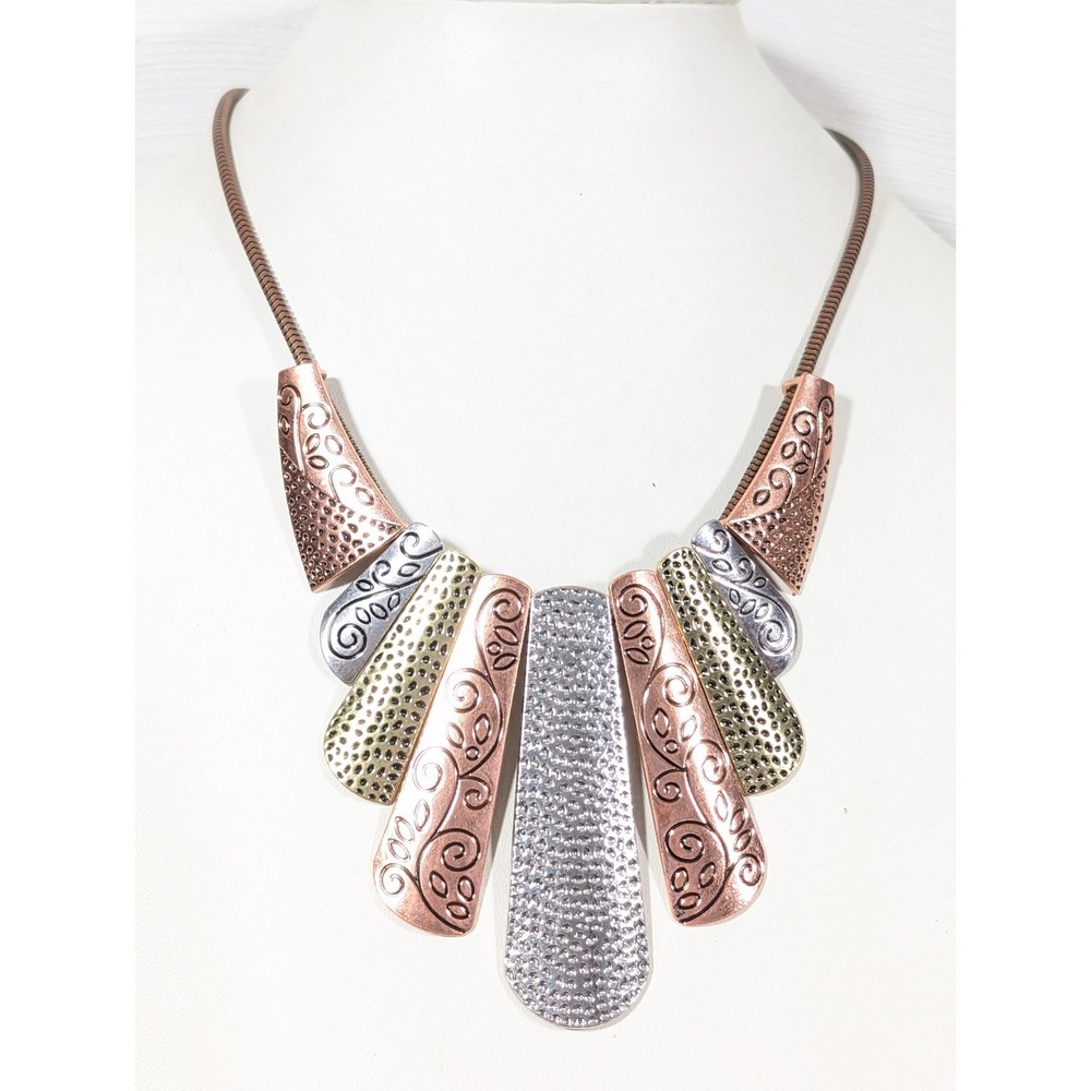 Boho Western Mixed Metal Style Hammered Bar Statement Necklace Bold 22 in